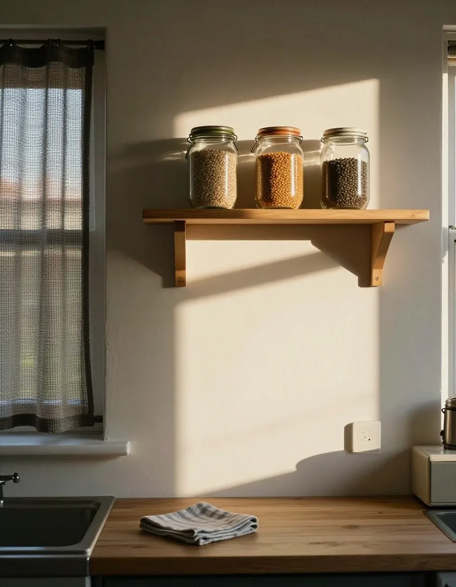 A UK kitchen wall with a shelf of glass jars beside a net-curtained window in afternoon light