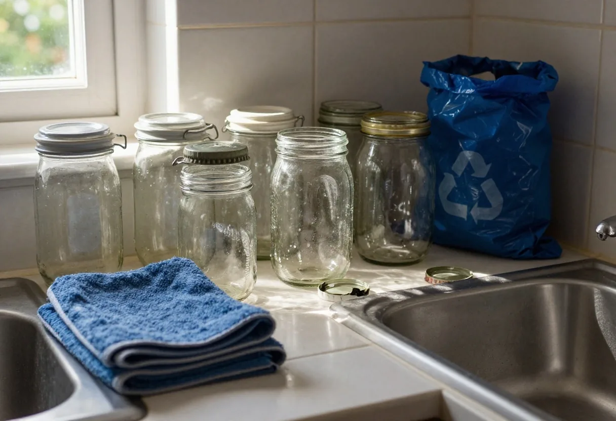 A desk with washed glass jars and lids beside a recycling sack while a guide is checked over