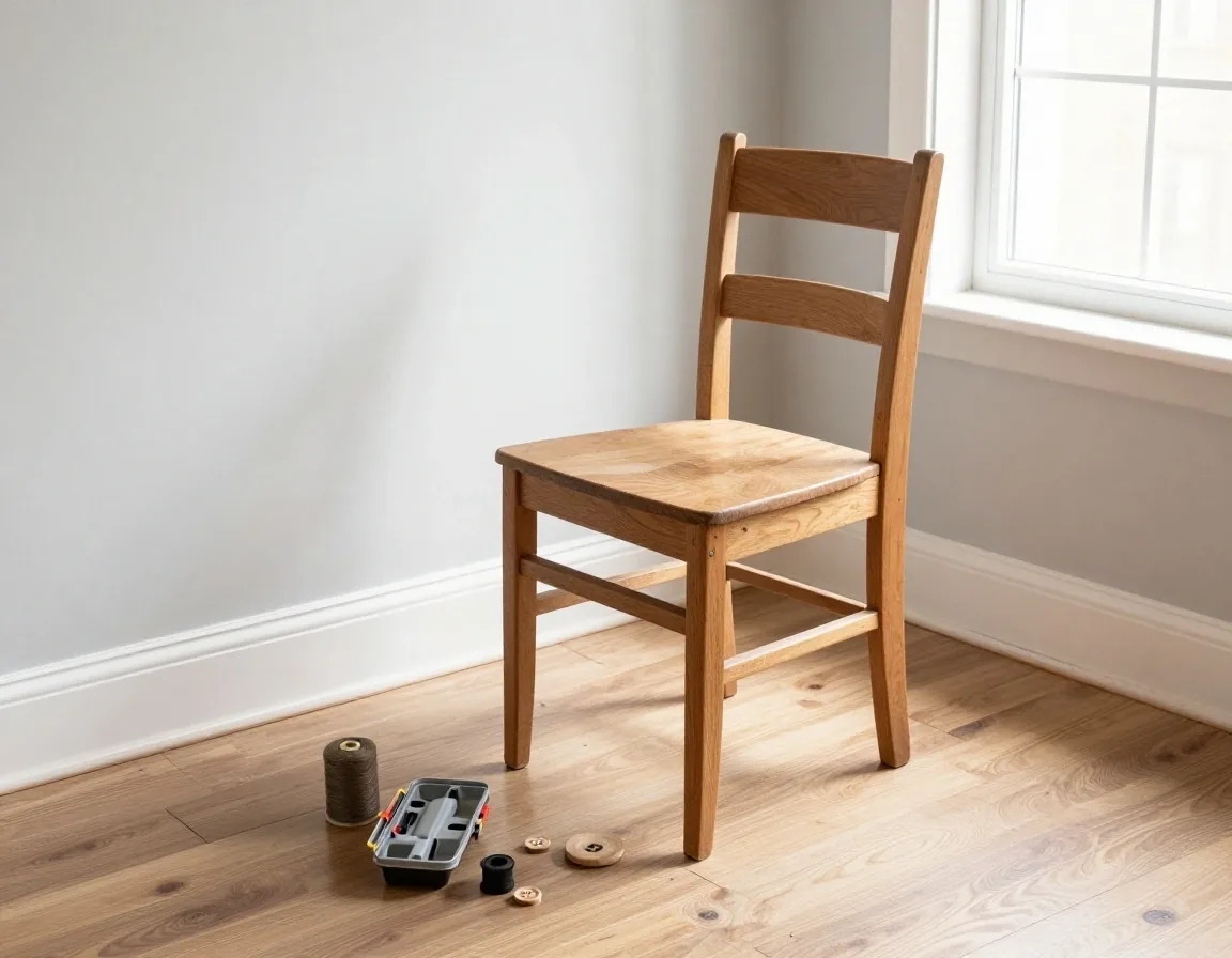 A rented flat with a small toolkit, a wooden chair being repaired and sewing supplies on the floorboards