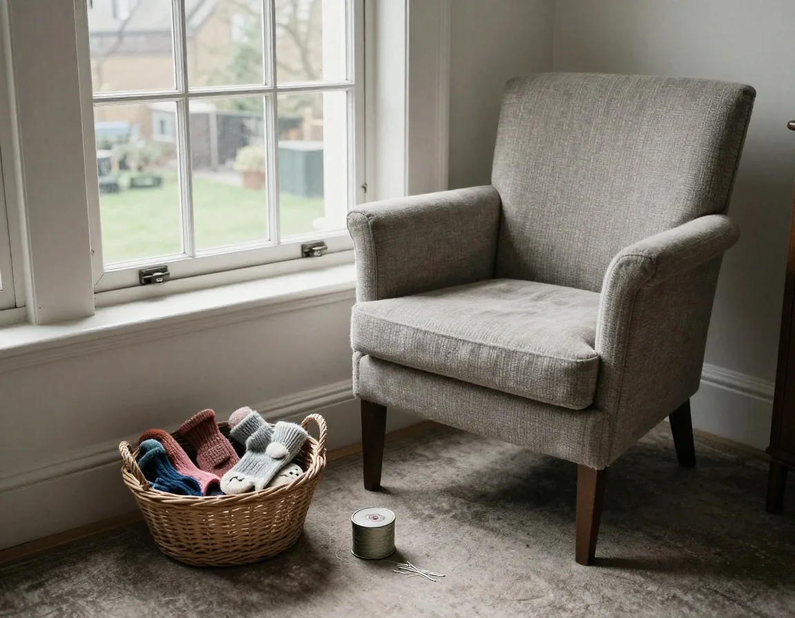 A front room in another UK region with mended knitwear in a basket beside a sofa