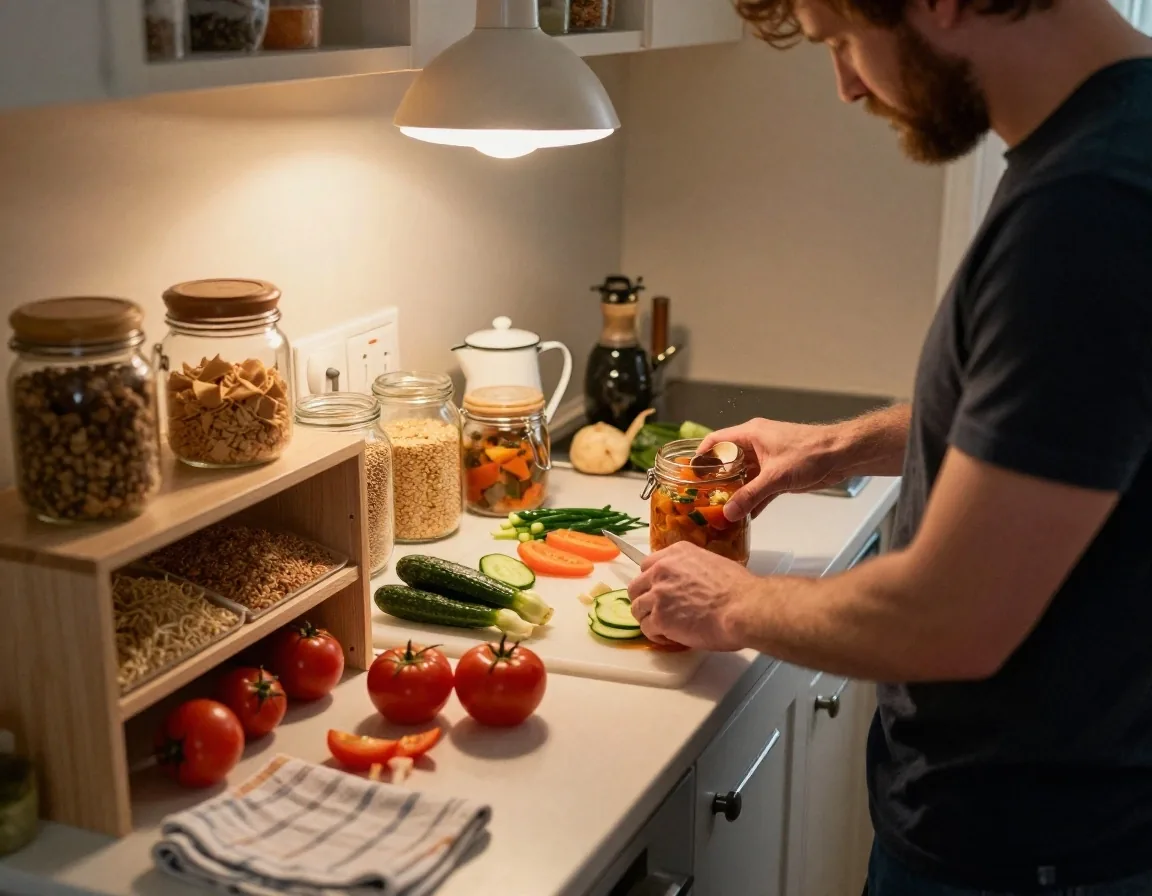 Two people preparing food in a compact rented kitchen with a glass jar and an open dry-goods drawer