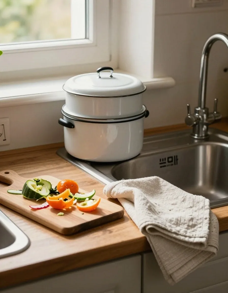 A kitchen worktop with a lidded scraps caddy, a wooden board of vegetable peelings and a folded cloth in late afternoon light.