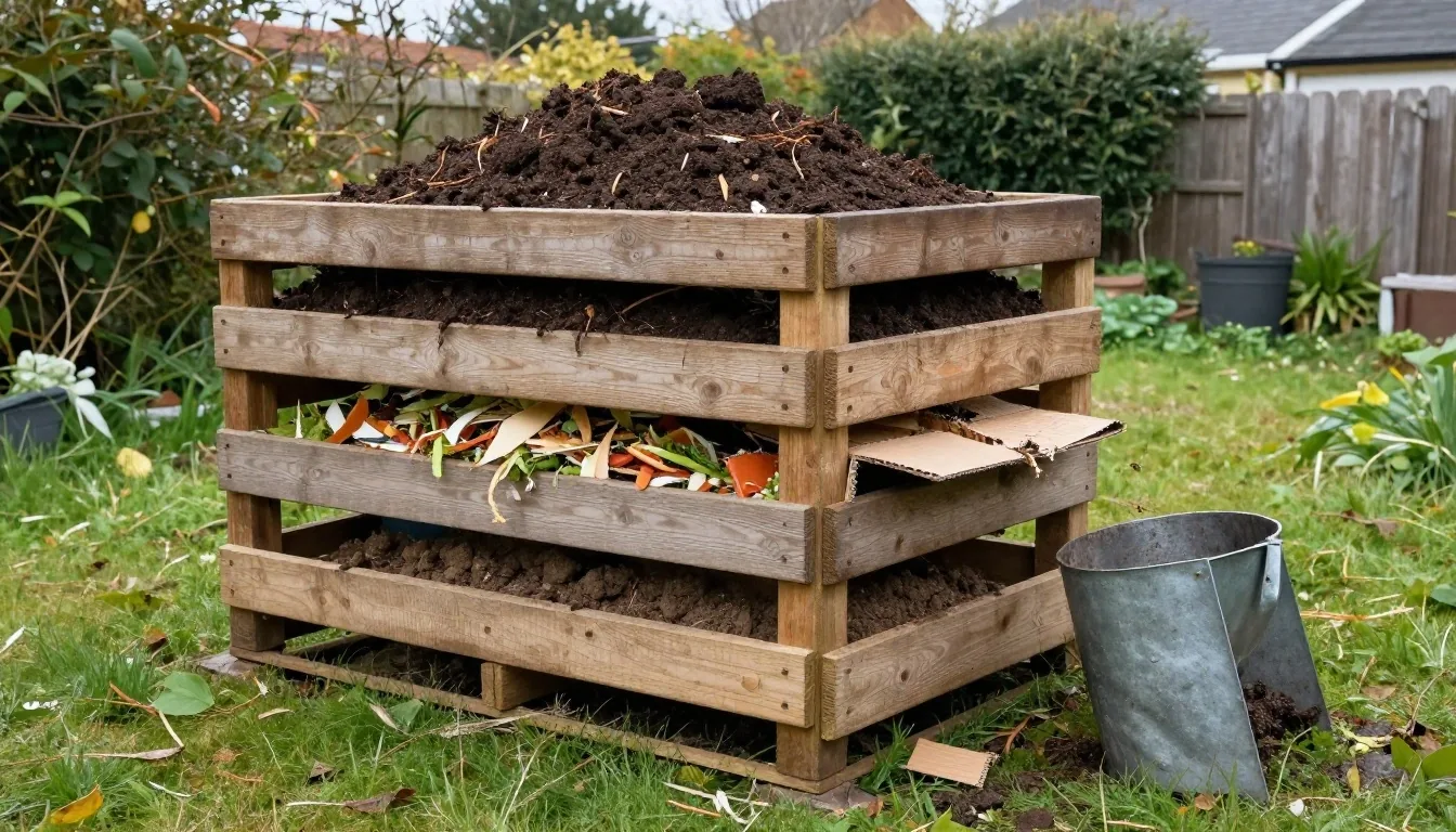 A three-bay garden compost heap with fresh scraps in one bay and finished compost in another, a fork resting nearby.