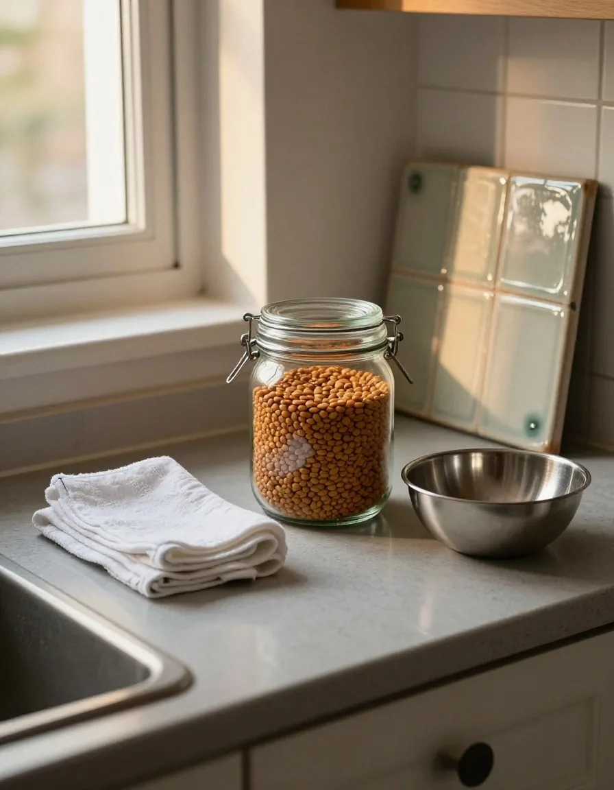 A kitchen worktop with a jar of dry goods, a folded tea towel and a stainless bowl in afternoon light