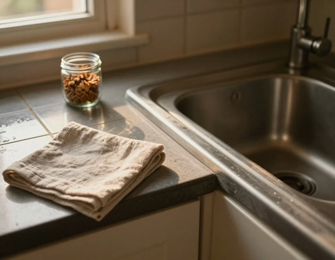 A UK kitchen worktop with a folded cloth, a glass jar and a glazed tile