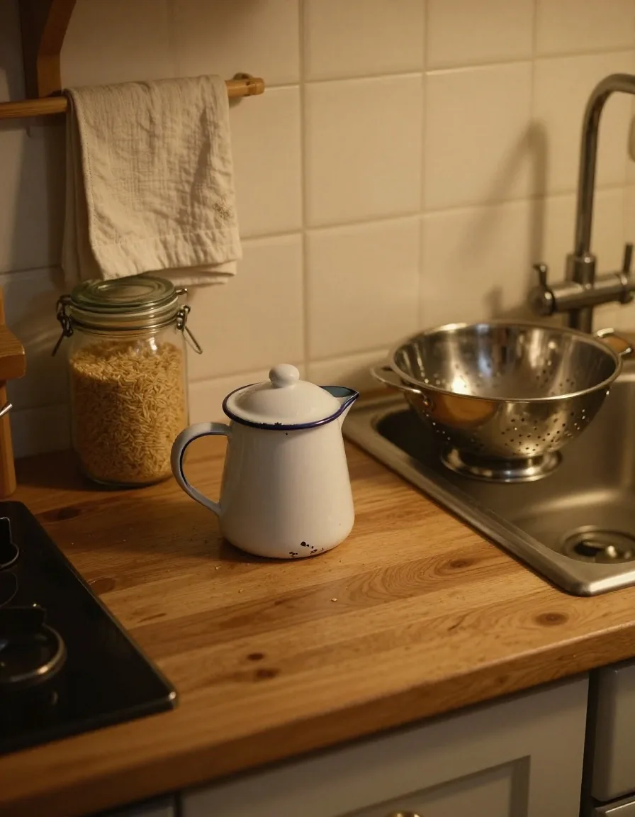 A UK kitchen worktop with a mug, a clip-lid storage jar and a folded tea towel