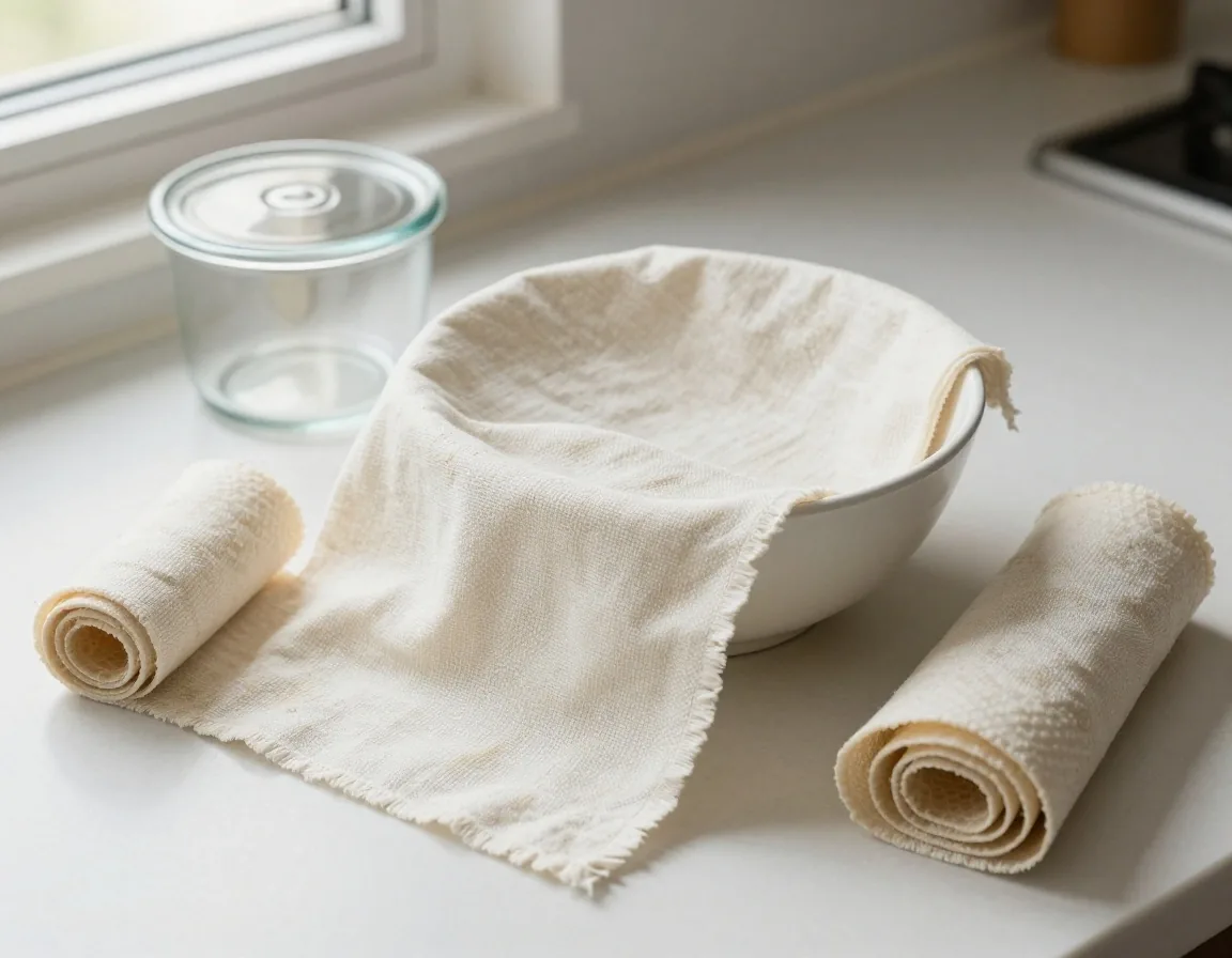 A beeswax wrap covering a bowl of salad beside a folded second wrap and a glass container