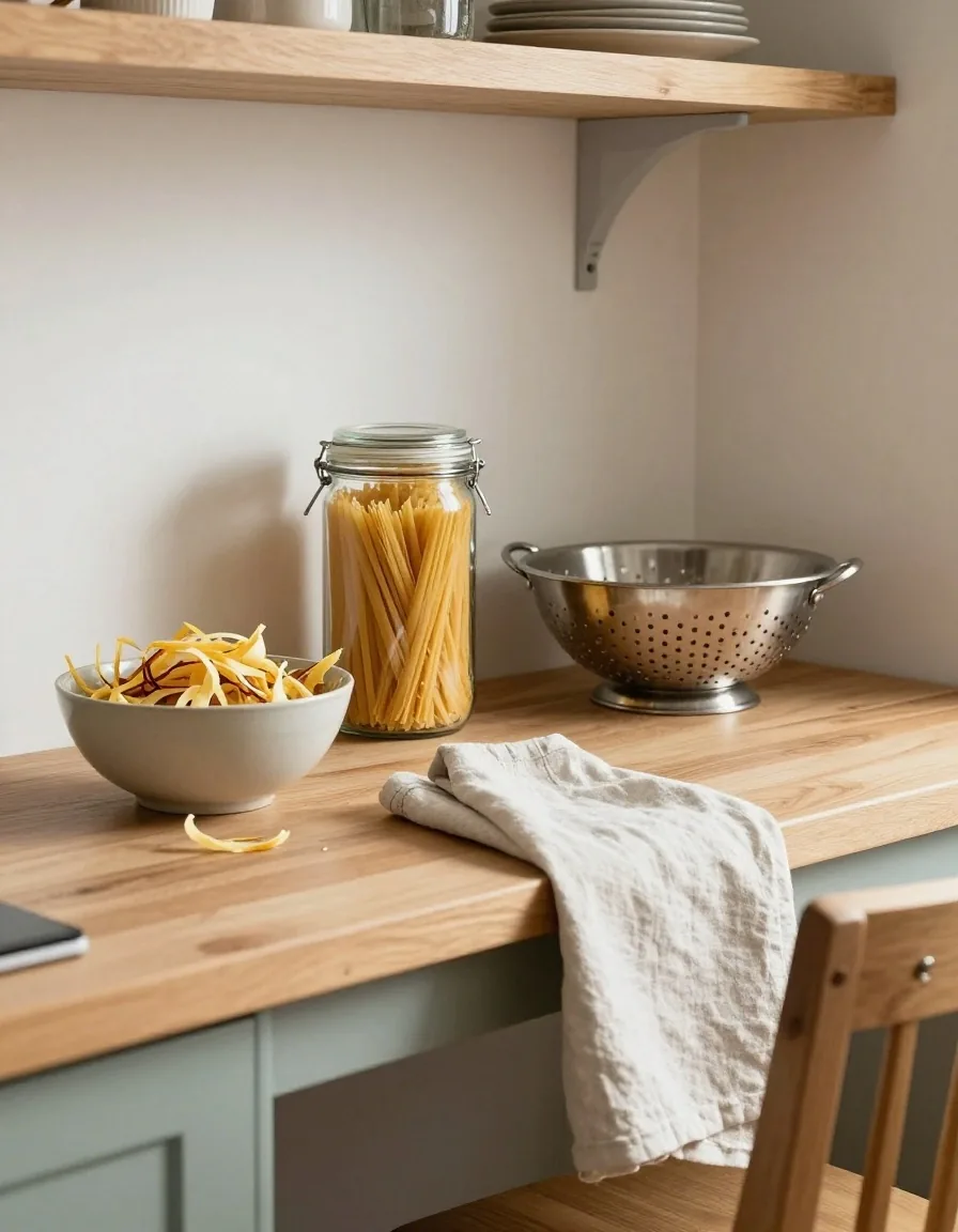 A UK kitchen worktop with a kettle, an enamel jar and a folded cloth in afternoon light