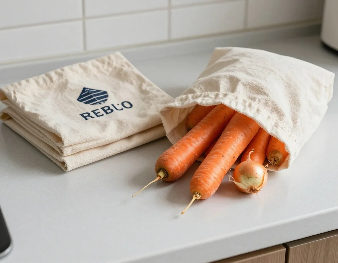 A cloth produce bag filled with loose carrots and onions beside a folded second bag