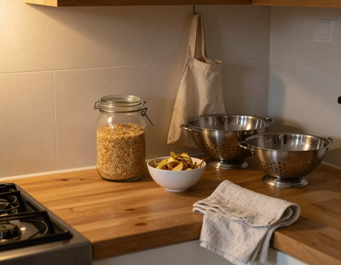 An overhead view of a worktop with a jar of dried pasta, a bowl of peelings and a spoon