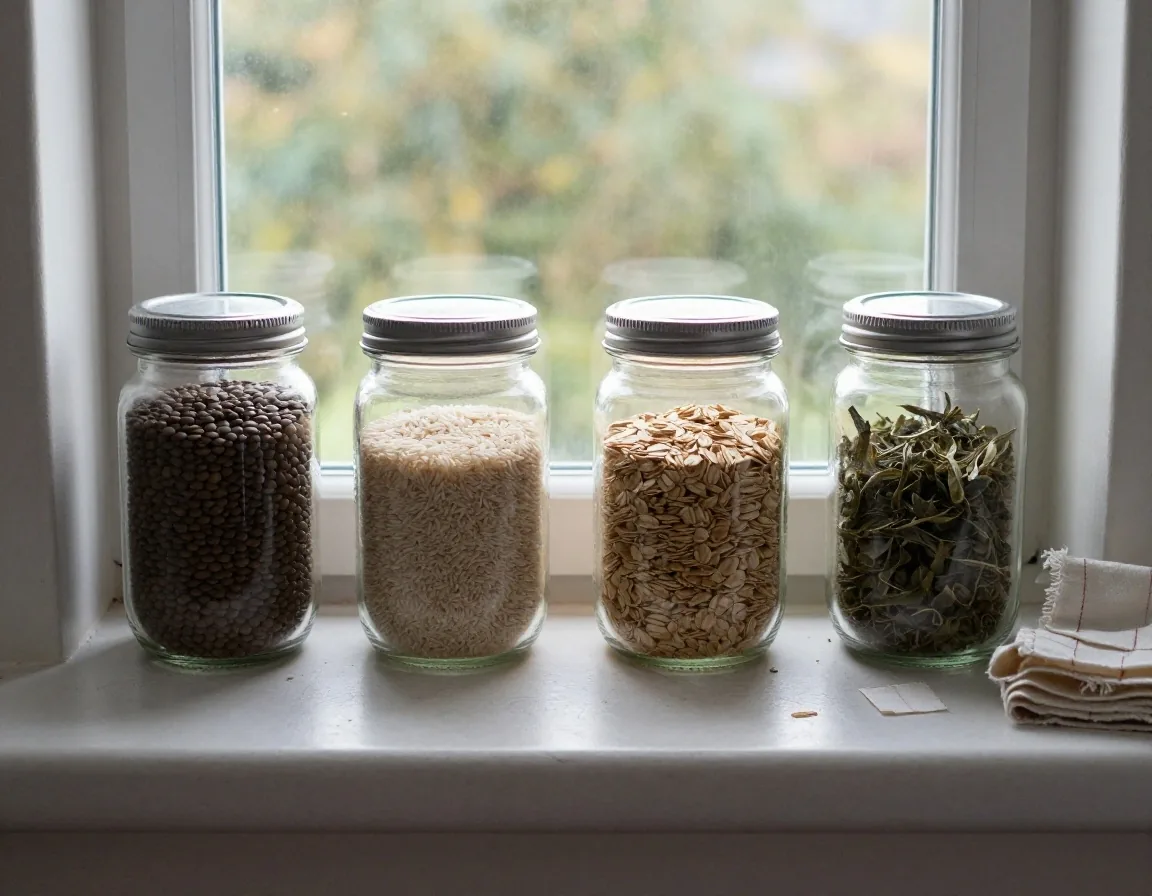 Reused glass jars of lentils, rice and oats on a worktop beside folded cloths cut from an old shirt