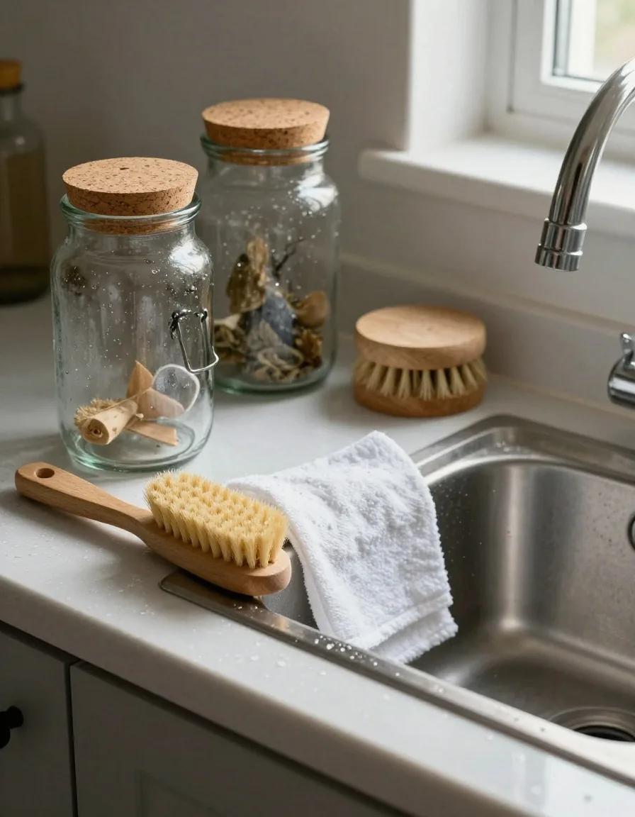 A UK kitchen worktop with a glass pasta jar, folded linen cloth and a brass spoon in afternoon light