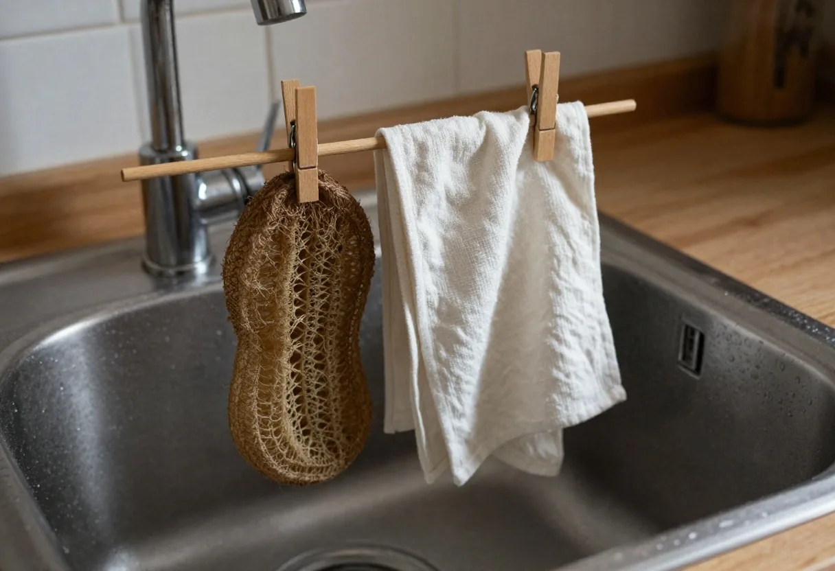 A natural loofah and folded cotton dishcloths on a tile beside a steel sink