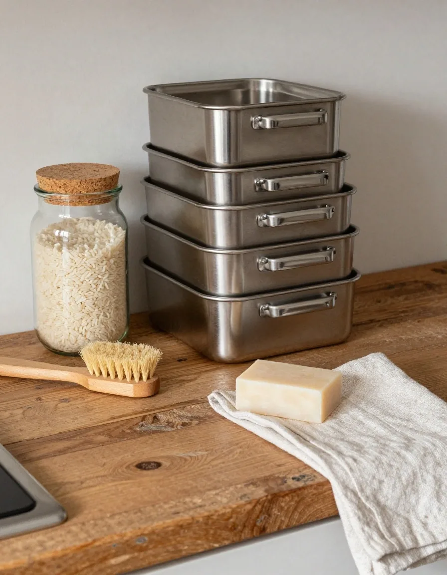 A UK kitchen worktop with a glass pasta jar, folded linen cloth and a brass spoon in afternoon light