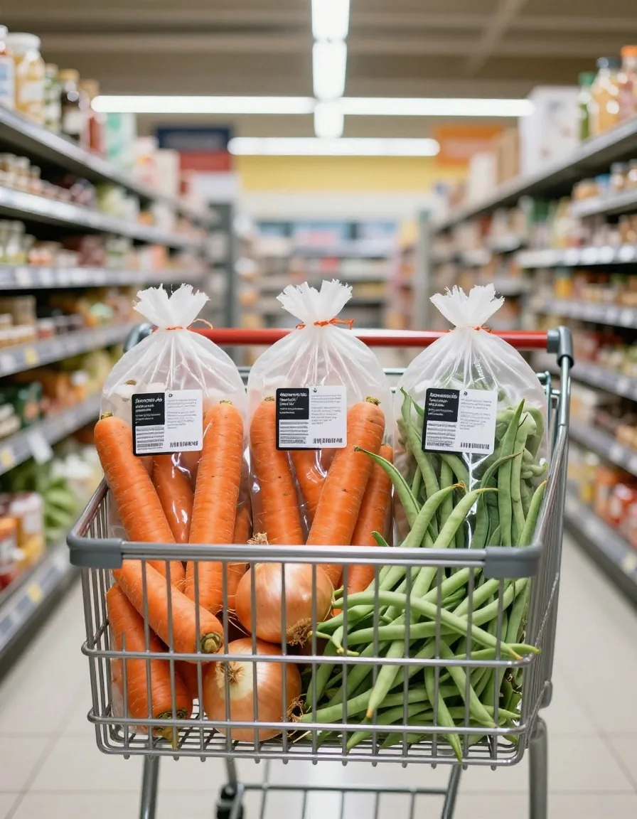 Cotton produce bags filled with loose carrots and onions on a supermarket trolley