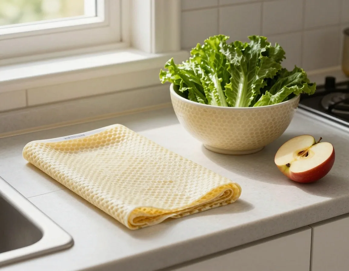 Folded beeswax wraps resting on a glazed tile beside a bowl of chopped vegetables