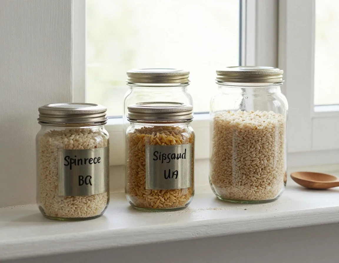 Four glass storage jars with steel lids lined up on a worktop with lentils in one jar