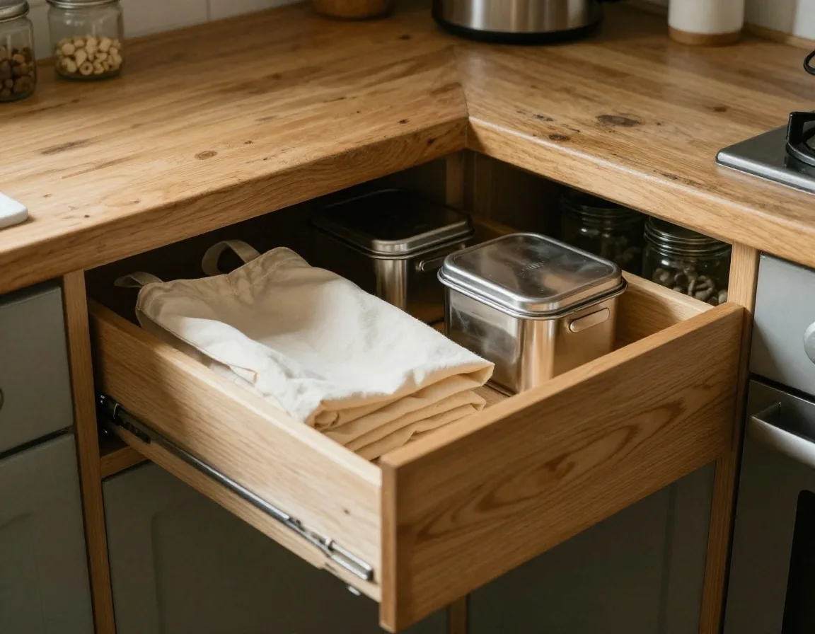 An open kitchen drawer with a folded cotton tote bag, stainless steel containers, and clean glass jars beside a notebook on a UK worktop