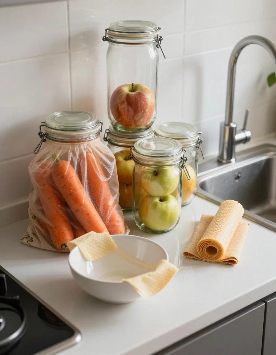 A kitchen worktop with reusable produce bags, clean glass jars and a beeswax wrap by the sink
