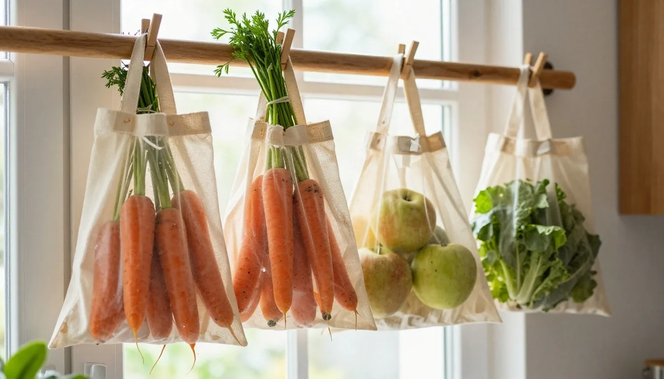 Cotton produce bags filled with loose vegetables on a worktop, with a roll of plastic film pushed to the edge