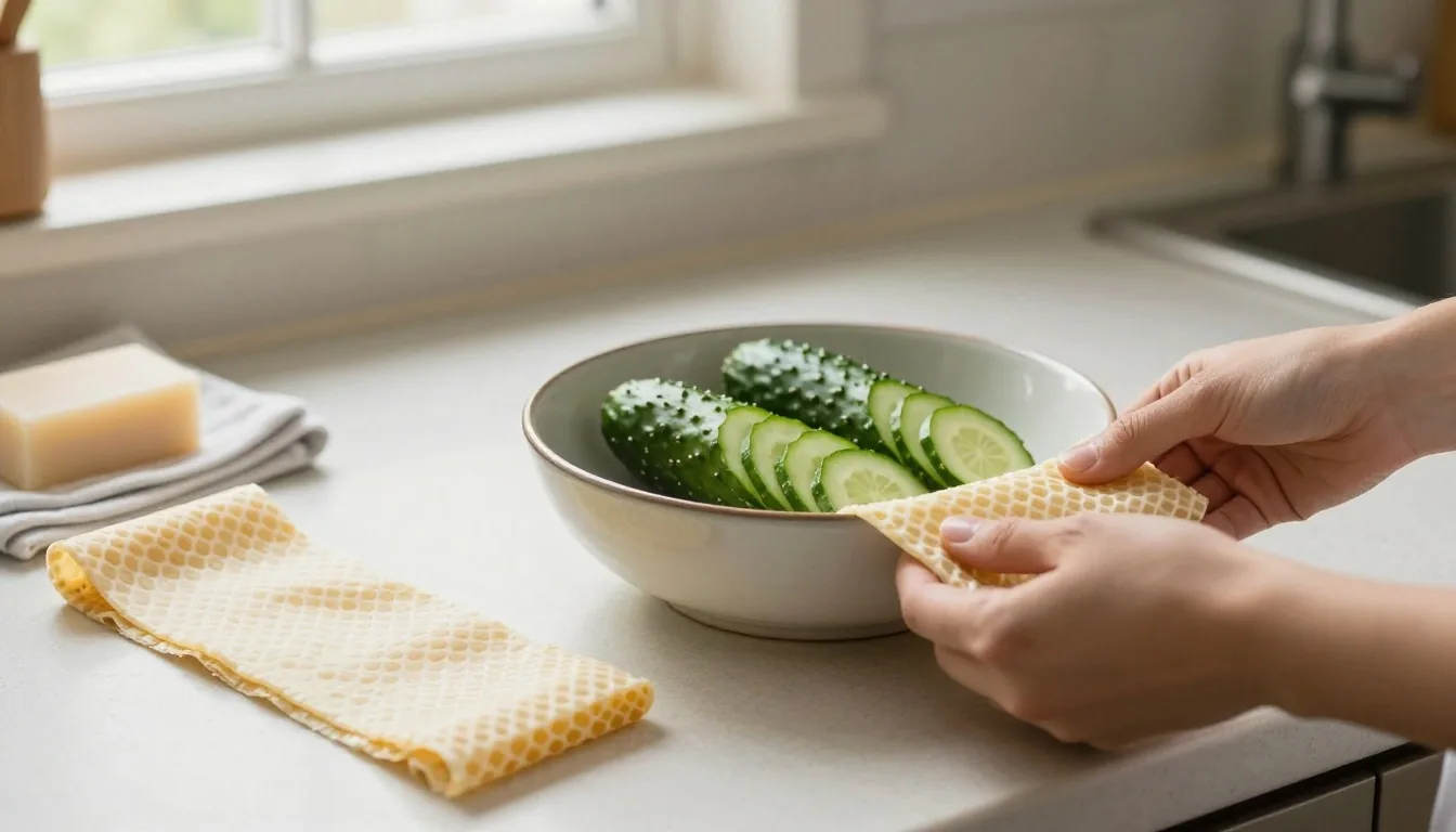Hands folding a beeswax wrap over a ceramic bowl of sliced cucumber on a worktop