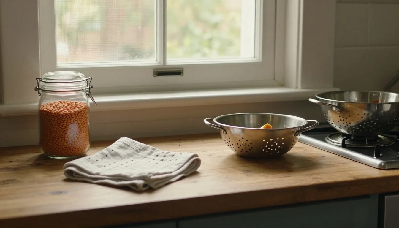 A kitchen worktop by a window with a houseplant and an enamel bowl in late afternoon light