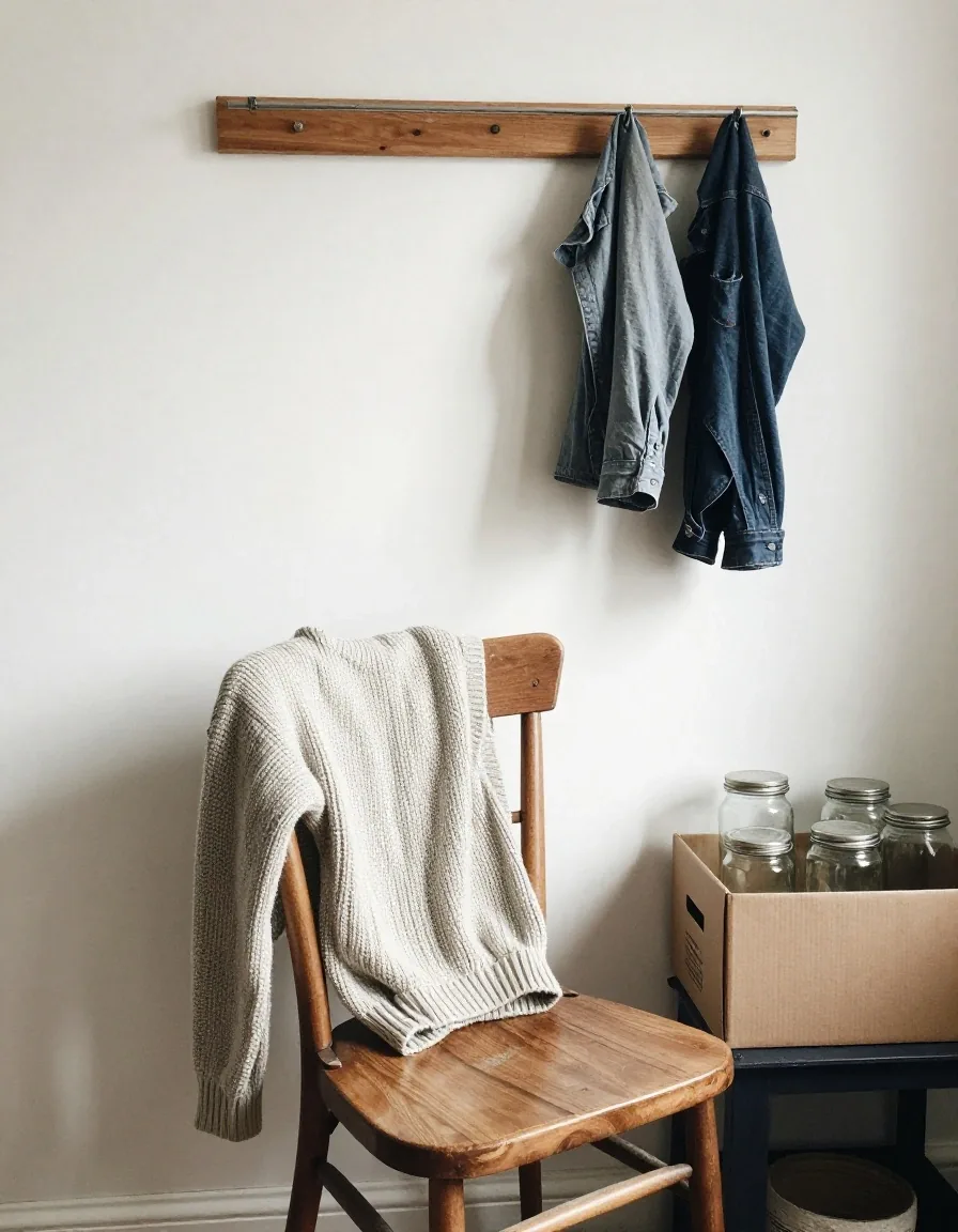A UK kitchen worktop in the afternoon with clean glass jars, an enamel jug and a folded cotton cloth