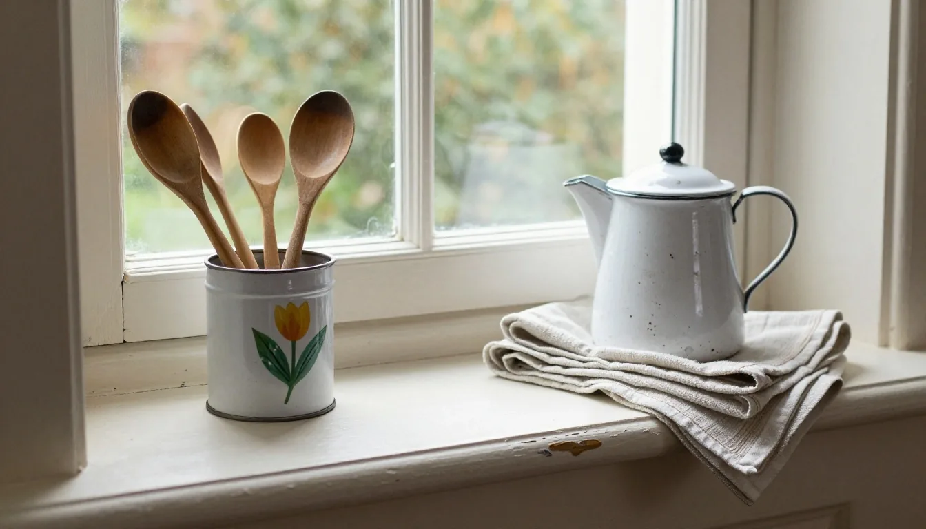A British kitchen with a repainted frame on the worktop, a tin pen pot and a crate shelf on the wall