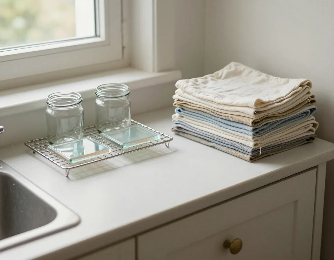 Washed glass jars, folded cotton cloth squares and glazed tiles laid out on a kitchen worktop