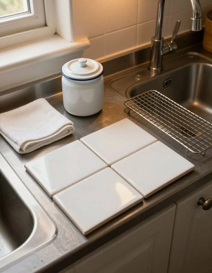 A UK kitchen worktop at late afternoon with an enamel jar, a folded tea towel and a wire cooling rack