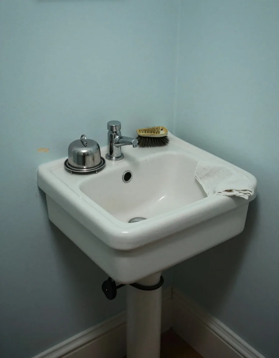 A stainless steel jar lid and a bristle brush resting on a glazed white tile