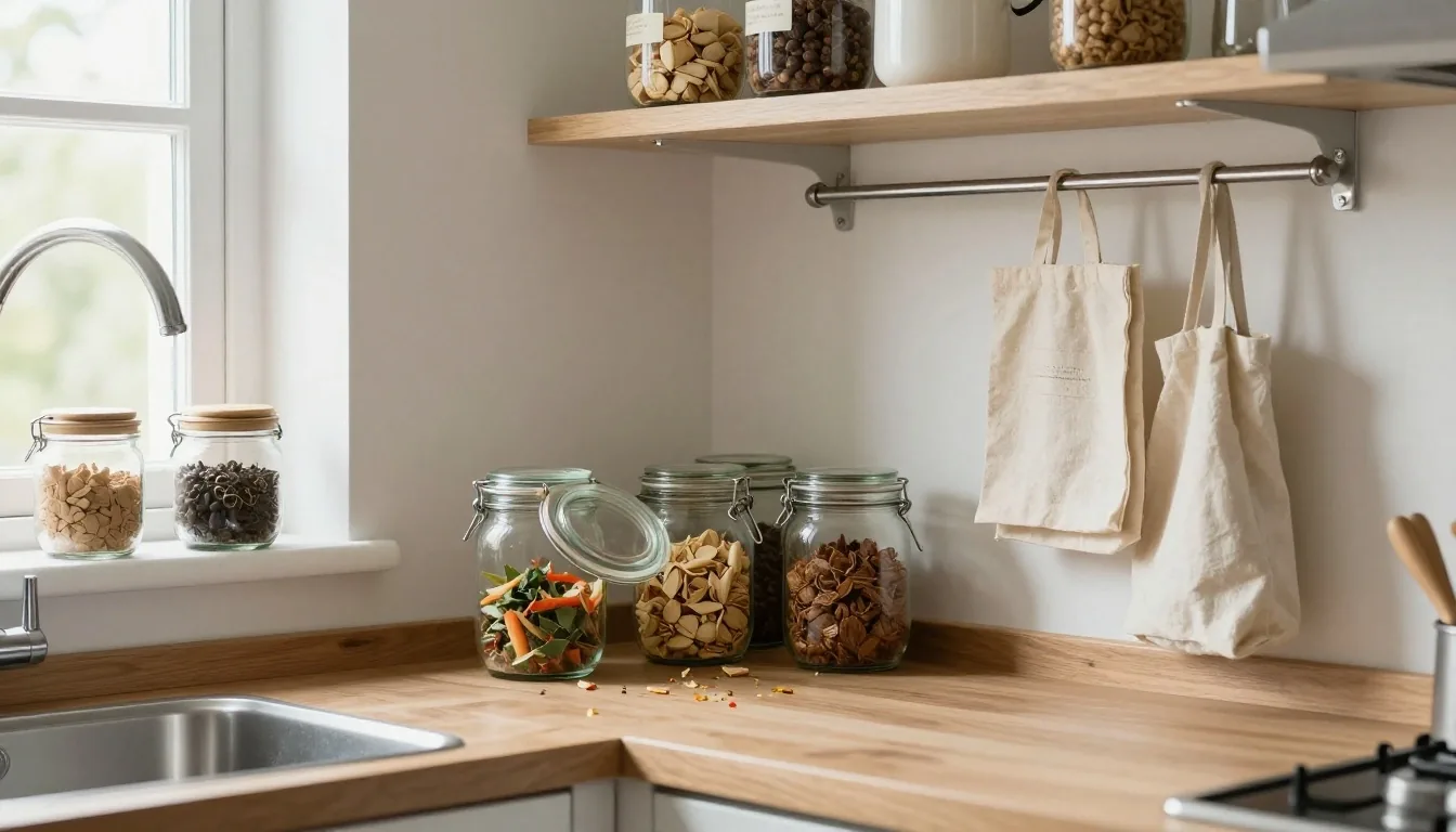A small UK kitchen with a food scraps caddy, jars of dry goods and reusable bags by the cupboard