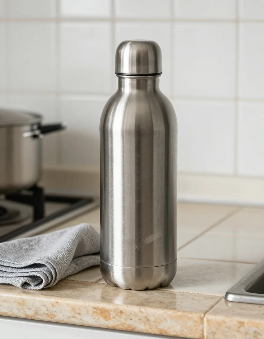 A stainless steel water bottle standing on a worktop beside a folded cloth